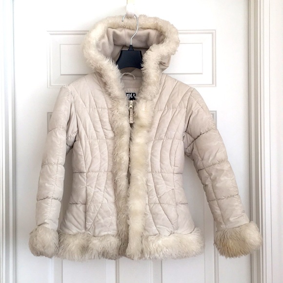 HP♥️ Triple Star Girls Puffer Jacket Small (7/8) Cream Hoodie Pockets Furry Edge - Picture 10 of 11